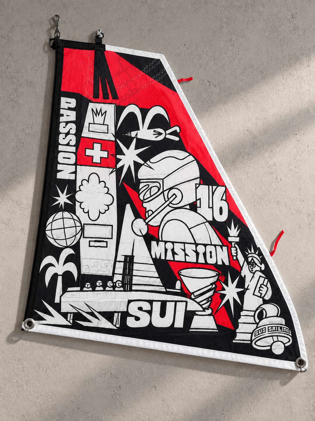 Mission SUI 16 — Grafik-Jib in Schwarz Rot Weiß